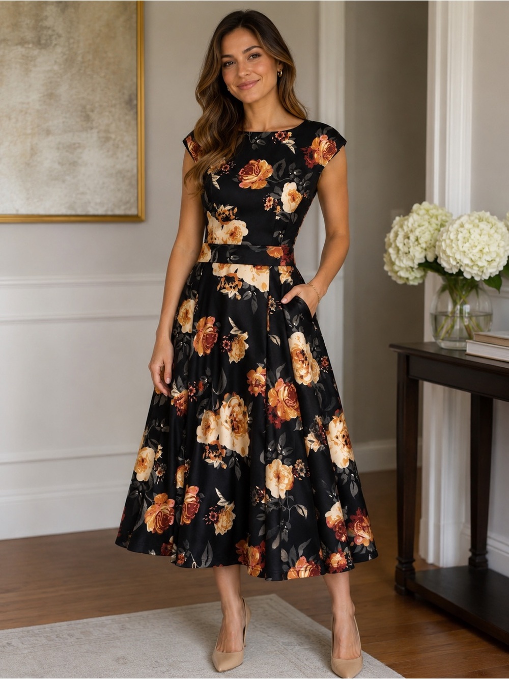 Dress Tells Black Sleeveless Belted Dress Knee Length Floral Size L Large
